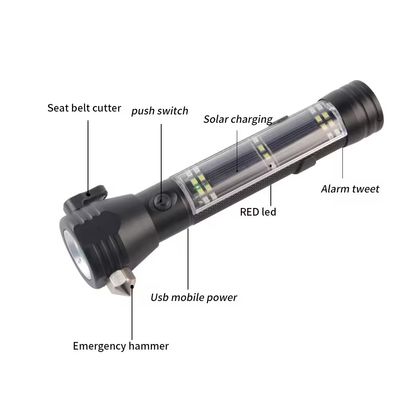 Super Bright LED Lighting Lantern Outdoor Travel Self-driving Tour Portable Life-saving Hammer Torch Solar Charging Flas